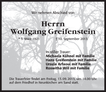 Traueranzeige von Wolfgang Greifenstein von Pegnitz-Zeitung